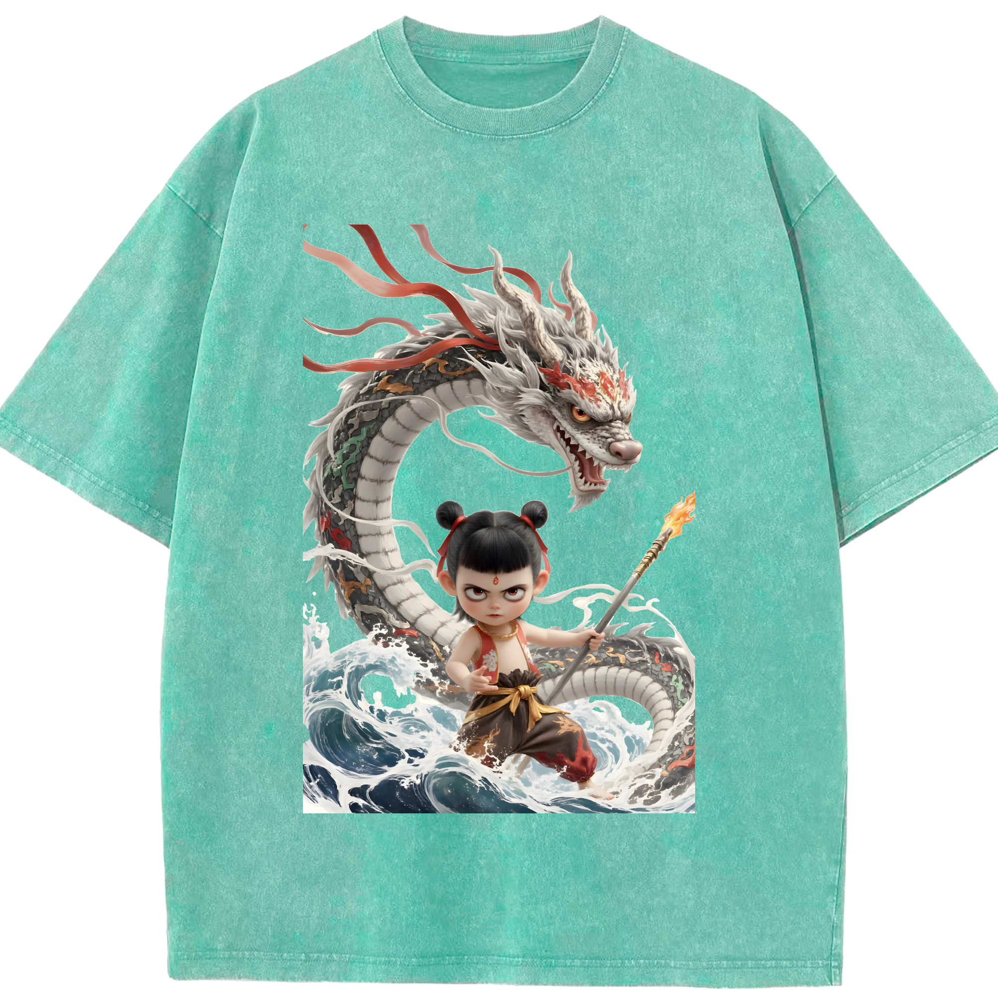 （画像用） Ne Zha 2 ナタ 魔童の大暴れ 綿100% ヴィンテージ風 半袖Tシャツ（フロントプリント）